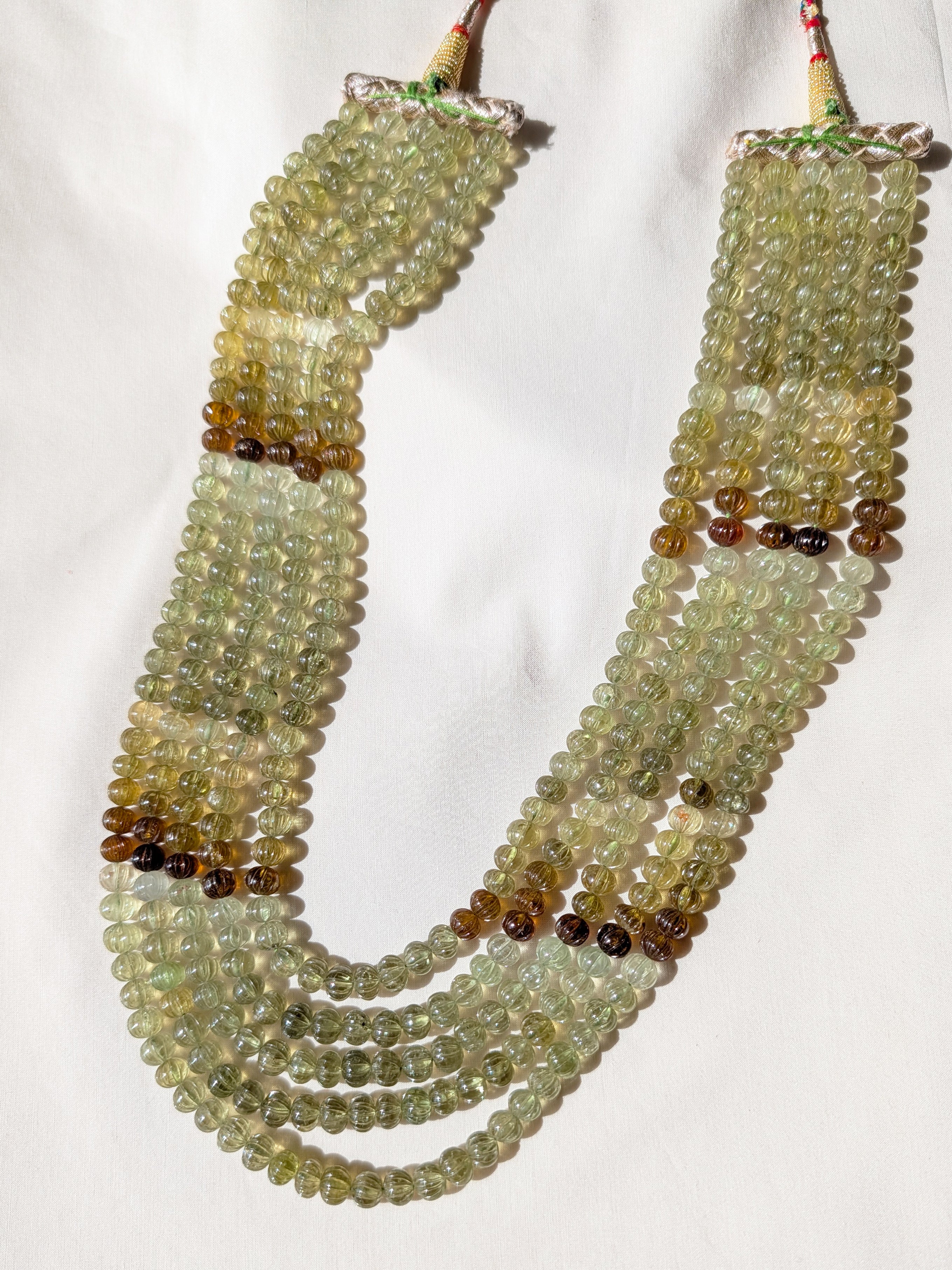 Grossular Garnet Carved Melon Beads 7mm Olive Green Brown | 16–19 inch