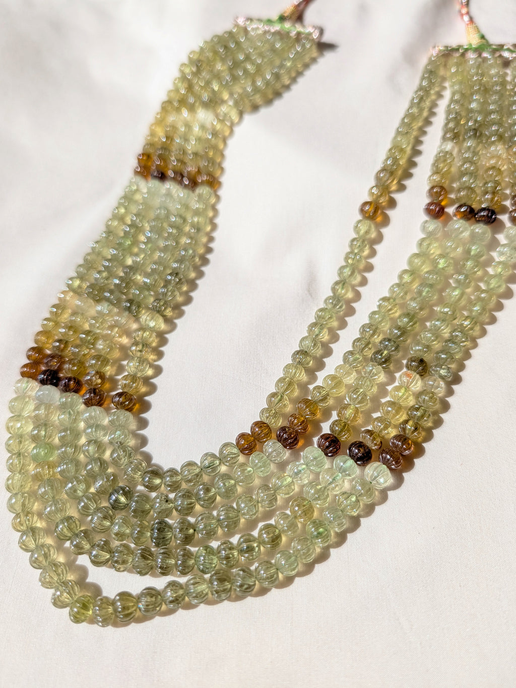 Grossular Garnet Carved Melon Beads 7mm Olive Green Brown | 16–19 inch